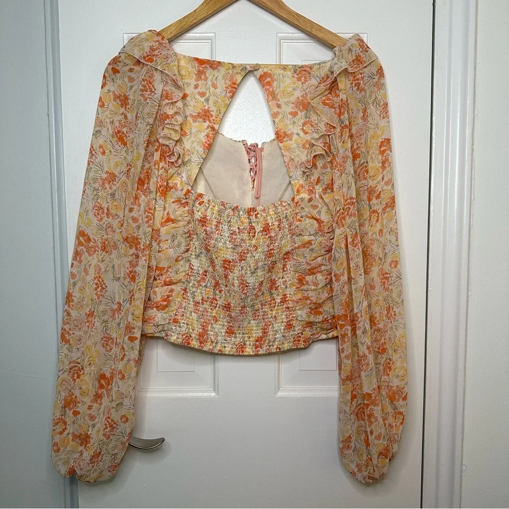 FREE PEOPLE Mabel Floral Print Yellow Orange Ruched Long Sleeve Top Bohemian XS - Picture 9 of 12